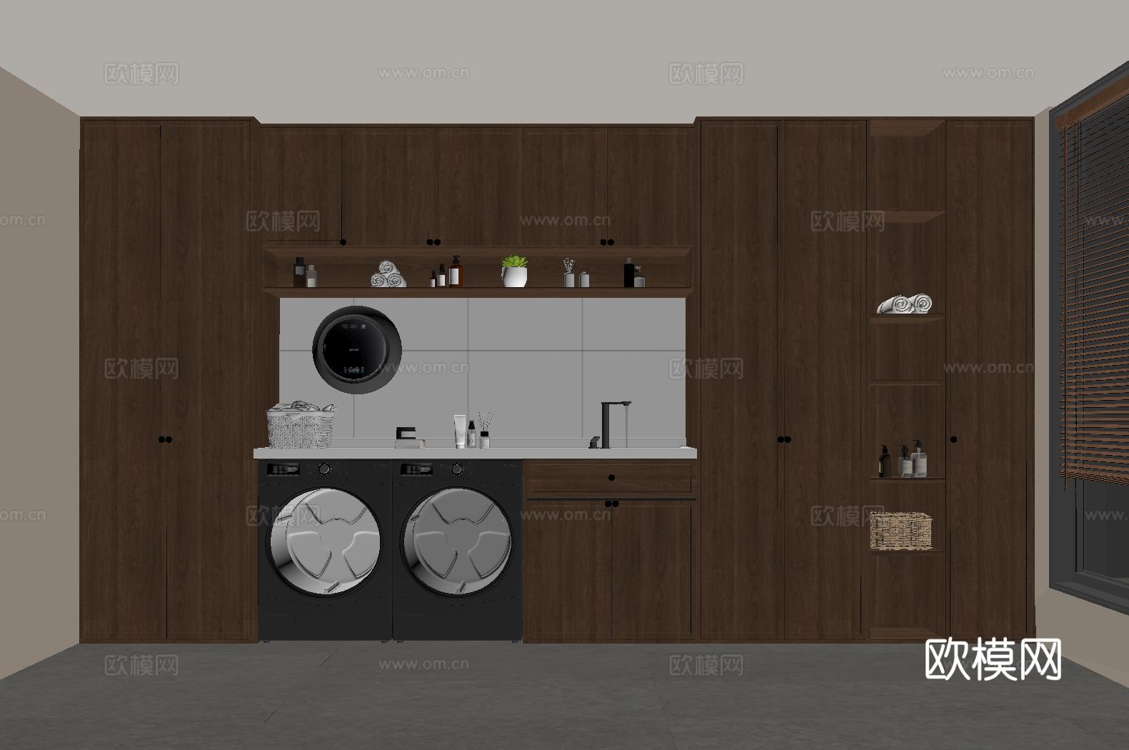 新中式洗衣房 洗衣柜 洗衣机 中古风洗衣房su模型