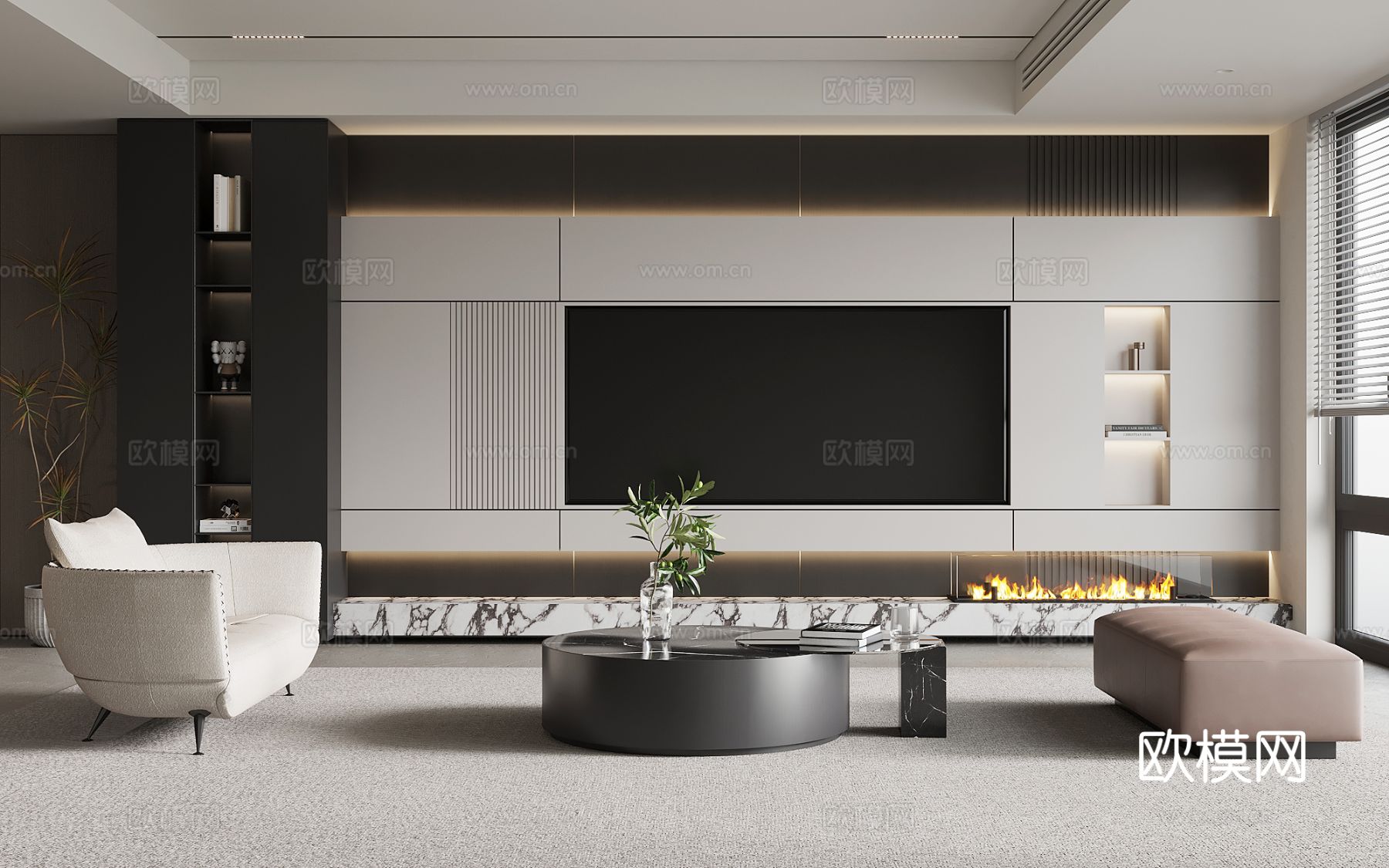 现代意式客厅 休闲沙发 电视柜3d模型