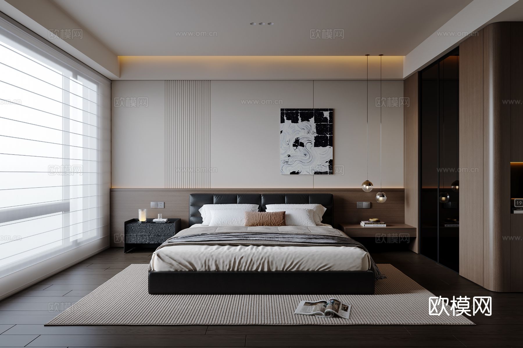 现代意式卧室 皮质双人床 床头柜 吊灯 挂画 衣柜su模型