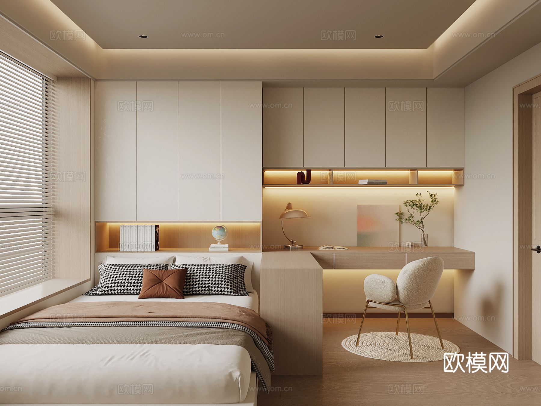 奶油风榻榻米卧室su模型