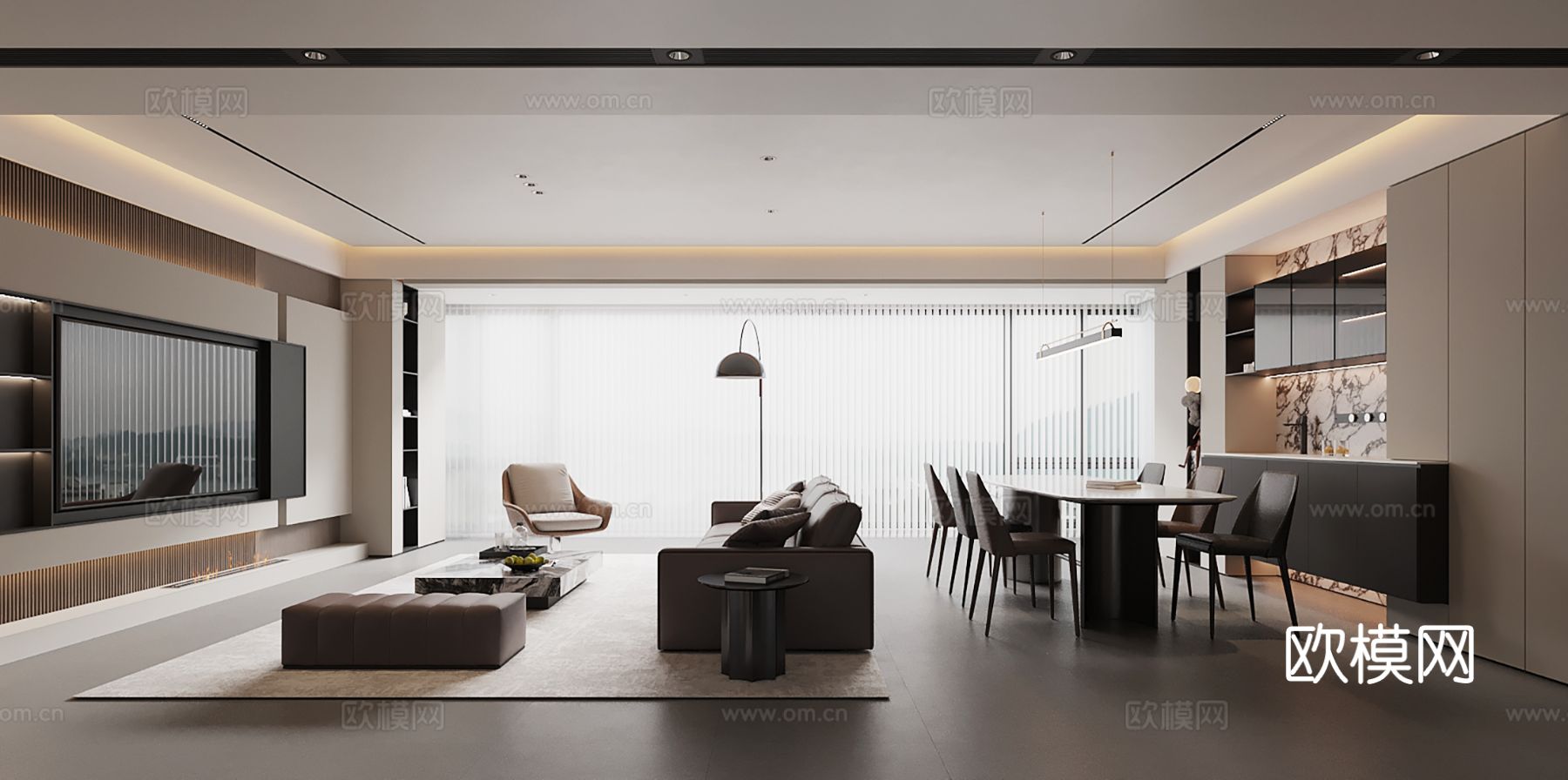 现代意式 客餐厅 餐桌椅 酒柜 电视背景墙su模型