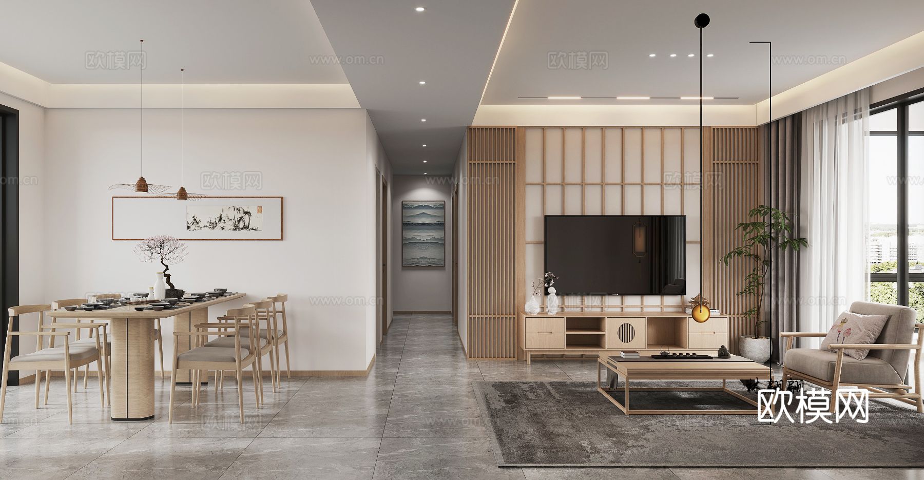 宋式风格新中式客厅卧室餐厅全套效果图下载（渲染图4）
