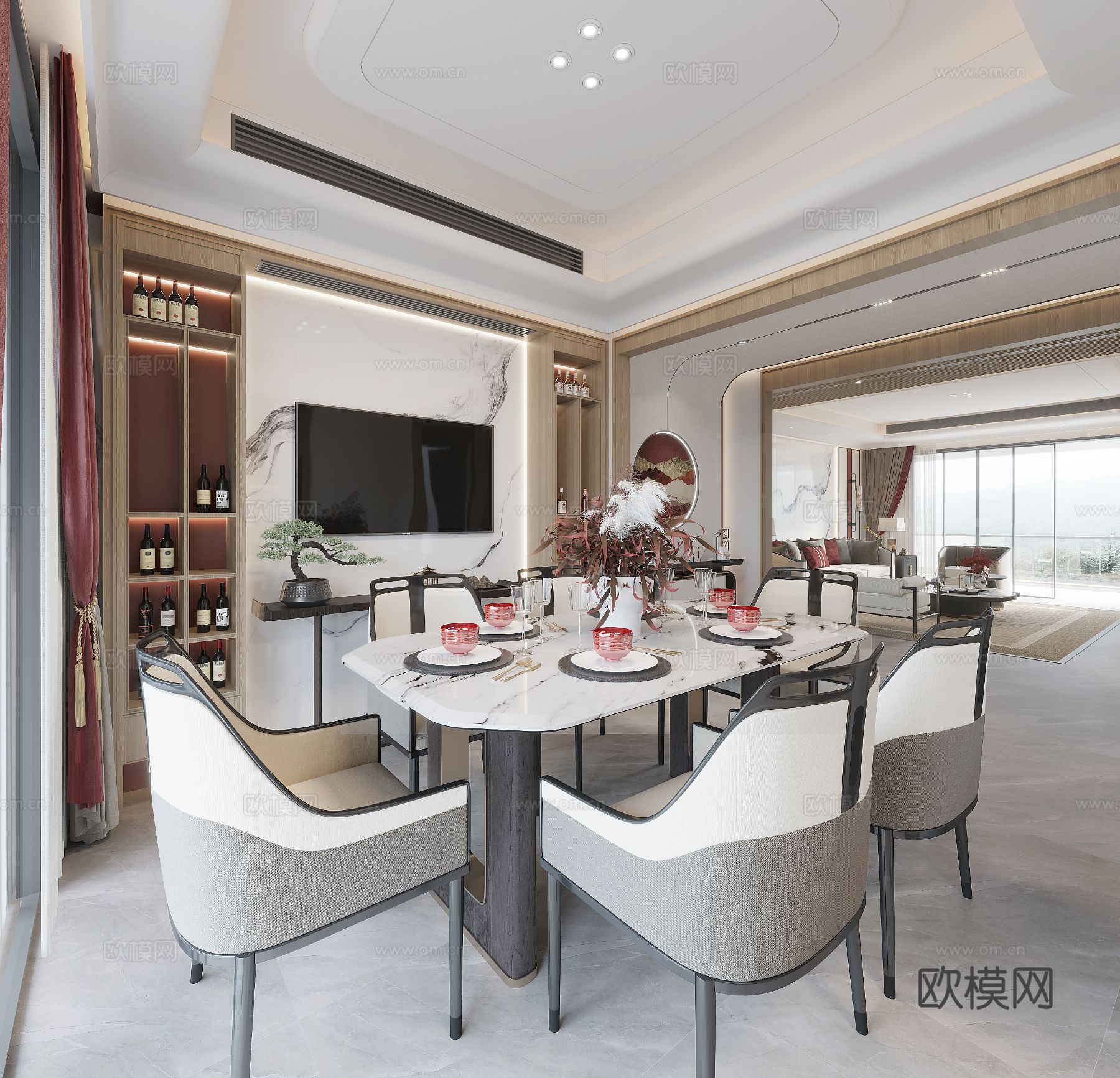 宋式风格新中式客厅卧室餐厅全套效果图下载（渲染图4）