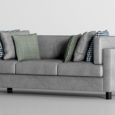 现代灰色皮革多人沙发抱枕组合3d模型