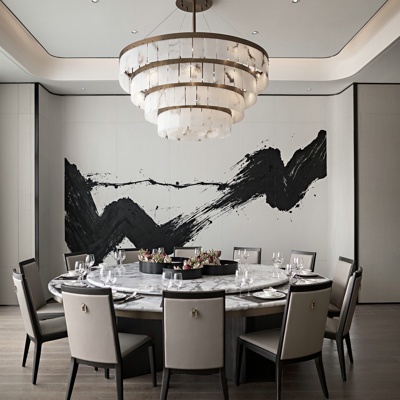 意巢设计 新中式大理石圆形餐桌椅