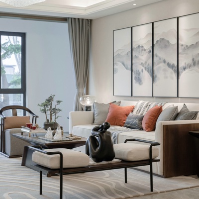阅界设计 新中式布艺沙发组合