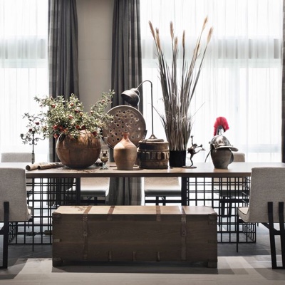 橙果设计 工业风实木餐桌椅