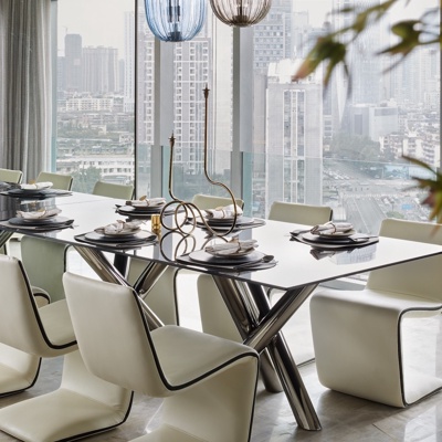 深朴悦设计 现代金属皮革餐桌椅