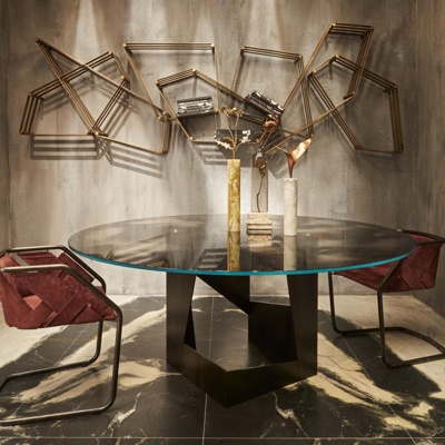 意大利HENGE品牌 现代轻奢圆形玻璃餐桌椅