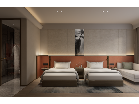  酒店双床房su模型 