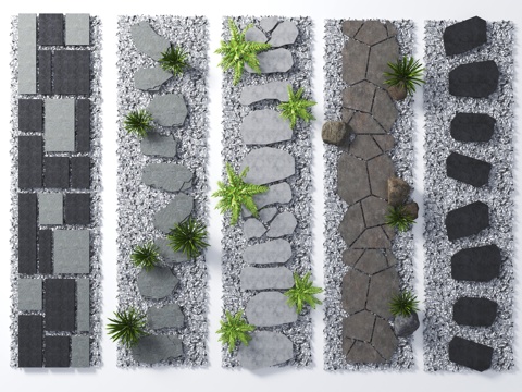  现代汀步 老石板 游步道 碎石块3d模型 