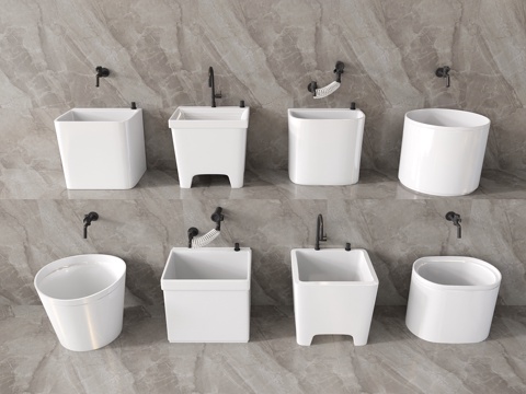  现代陶瓷拖把池 水龙头 拖布池 墩布池su模型 