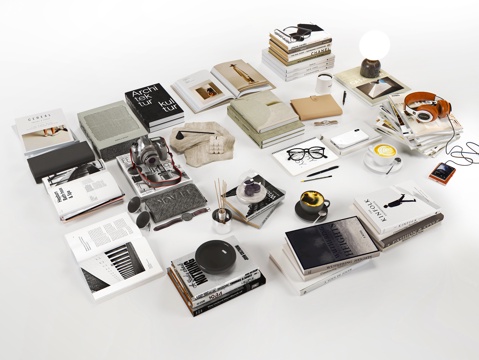  现代风格书籍组合 饰品摆件 相机 耳机 眼镜 台灯3d模型 
