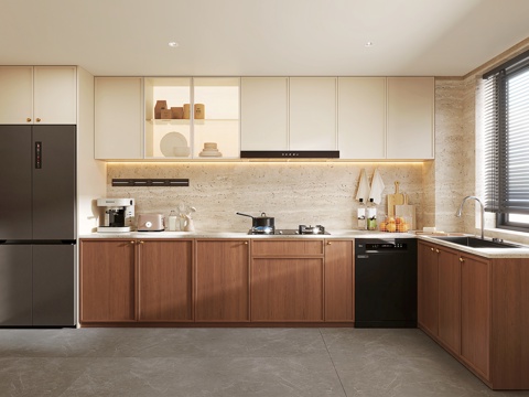  现代中古风厨房 橱柜 烟机灶具 冰箱 厨房摆件 洗碗机su模型 