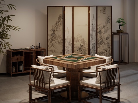  新中式棋牌室 麻将桌 屏风茶水柜3d模型 