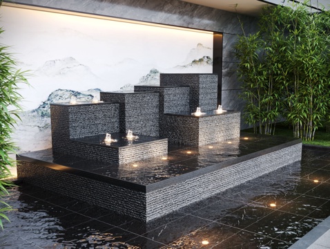  现代水景观 庭院水景 叠水3d模型 