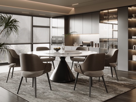 大理石餐桌椅 岩板餐桌 皮革餐椅 餐边柜 酒柜 开放式餐厅su模型