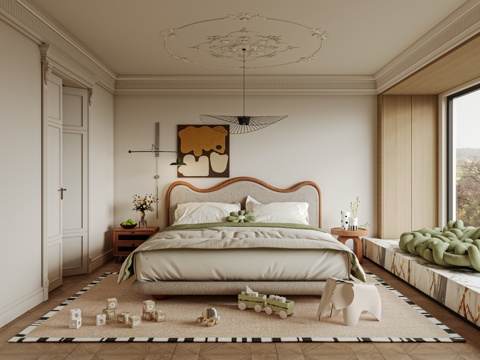  法式 儿童房 卧室 床 床头柜su模型 