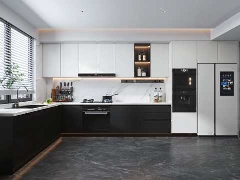  意式轻奢厨房 油烟机灶具 蒸烤箱电器柜 厨房用品摆件 冰箱su模型 