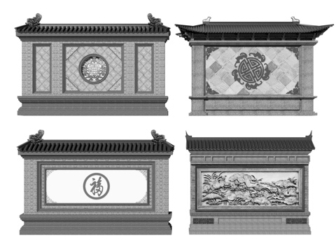  中式照壁 影壁景墙 屏风景墙 萧墙 照墙 墙雕背景墙 浮雕墙su模型 