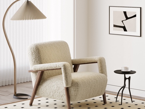 中古风休闲椅 侘寂休闲椅 单人沙发 羊羔绒 毛绒 法式休闲椅su模型