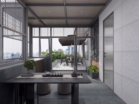  现代露台 别墅花园阳台 鱼池造景 茶台茶室 阳光房休闲阳台3d模型 