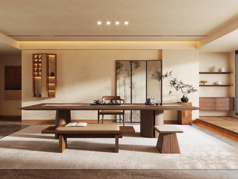  现代中古风茶室 茶台 椅子凳子 茶具摆件 茶室壁柜 屏风3d模型 