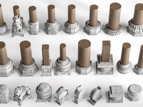  中式柱子 中式柱础 柱基石 石墩.su模型 