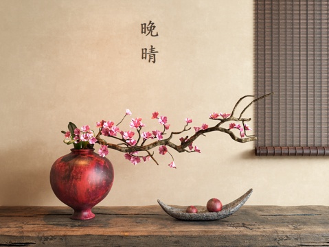  新中式腊梅 腊梅花瓶 花艺 插花 饰品摆件 陶罐花瓶花艺3d模型 