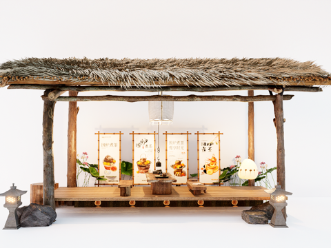  新中式庭院小品 茅草屋  茅草屋檐su模型 