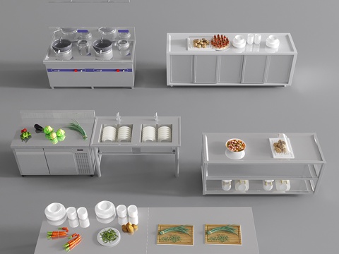  现代后厨设备 后厨厨具 后厨器材 厨房用品组合3d模型 