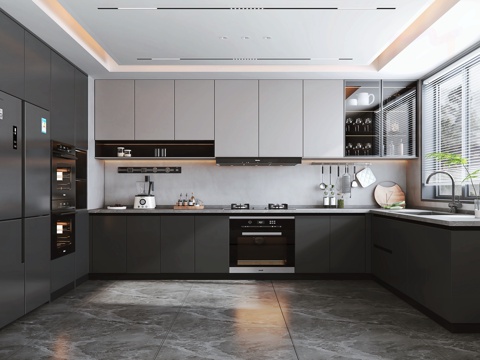  意式轻奢封闭式厨房 意式橱柜 厨房电器组合 厨房摆件 冰箱su模型 