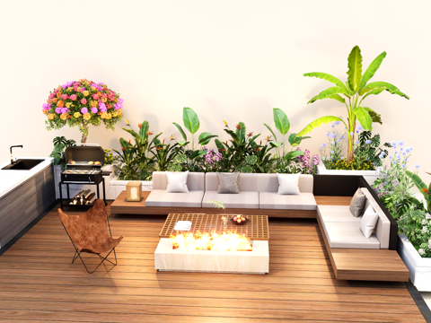  现代花池植物花箱  户外沙发 操作台 烧烤架 植物堆su模型 