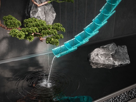 新中式水景观 流水 水池su模型 