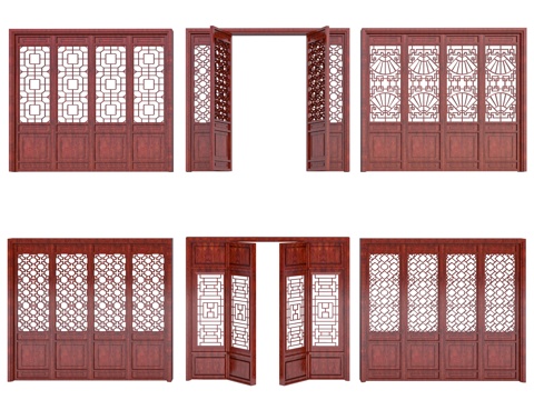  仿古木门 寺院木门 镂空花格门 实木花格门3d模型 