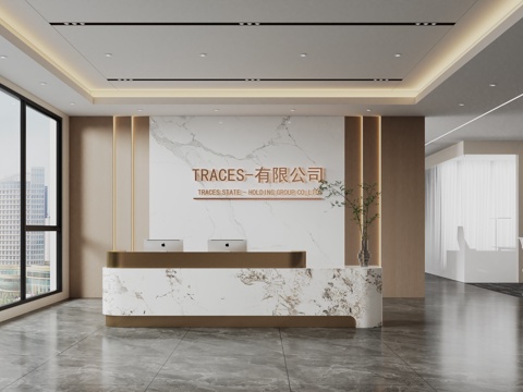  现代公司前台 办公区 接待区 前台 背景墙 画su模型 