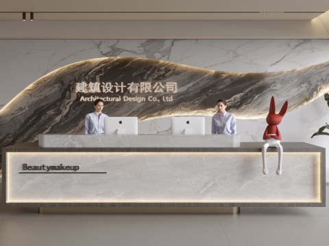  现代公司前台  接待区 前台背景墙  接待台 服务台su模型 