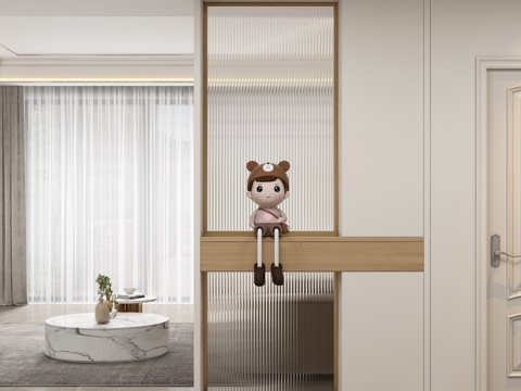  现代奶油风玄关隔断 隔断su模型 
