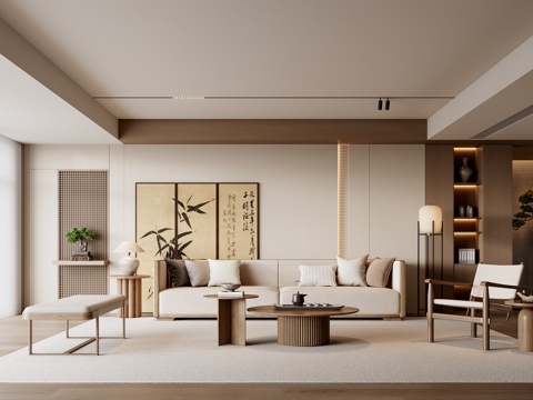  新中式客厅su模型 