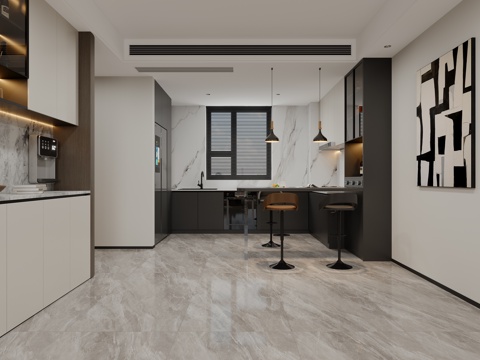  现代意式轻奢风开放式厨房3d模型 
