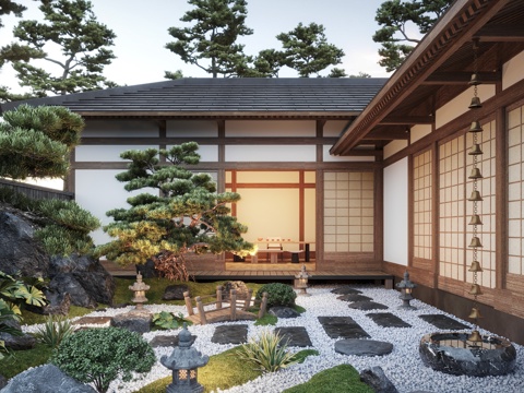  新中式庭院景观 禅意庭院 枯山水景观 景观石 苔藓su模型 