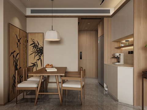  中古风餐厅 酒柜 咖啡机 侘寂餐厅 中古风客餐厅 新中式餐厅3d模型 