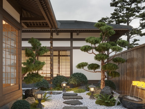  新中式庭院景观 禅意庭院 枯山水景观 景观石 苔藓su模型 