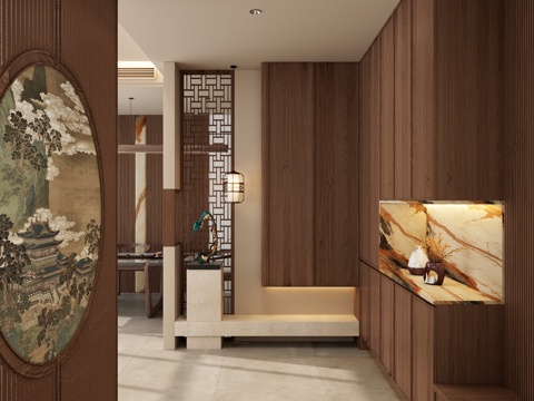  宋式 中古风 国风画 宫灯 实木格栅 端景 玄关3d模型 