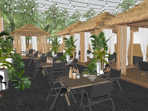  现代户外咖啡厅 露营景观餐厅 户外桌椅 植物盆栽景观   露su模型 