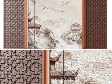  中式背景墙su模型 