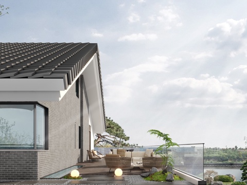  新中式户外阳台3d模型 
