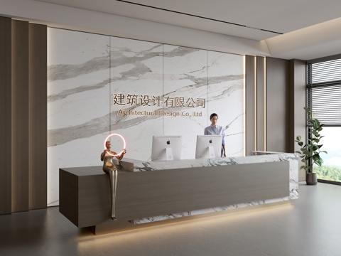  现代公司前台  接待区 吧台  接待台 服务台 公司前台背景3d模型 