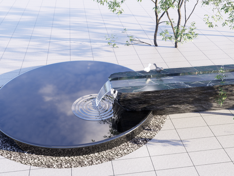  现代景观石 水钵 禅意水景 置石小品 石头水景su模型 