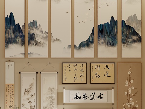  宋式新中风挂画 山水画 水墨画 字画 书法3d模型 